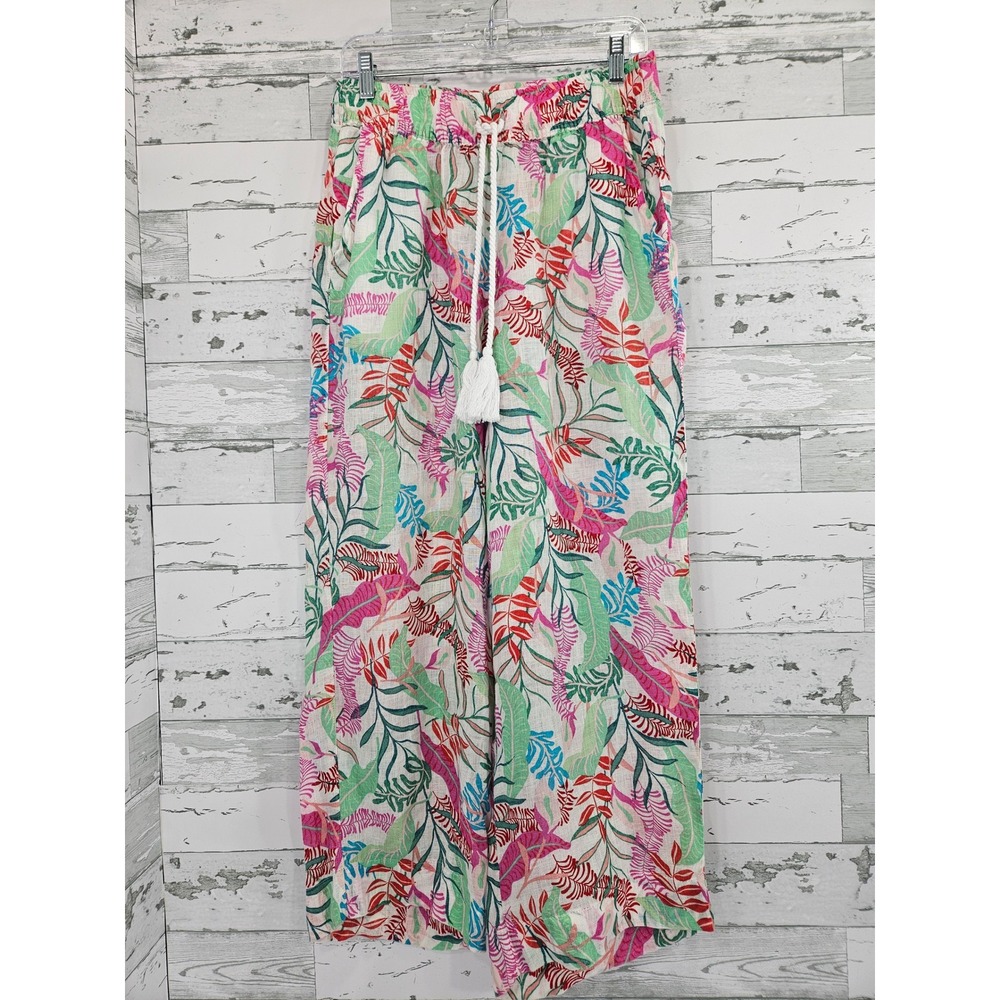 Cynthia Rowley Womens Linen Tropical Palm Print Wide Leg Tassel Pants Size M